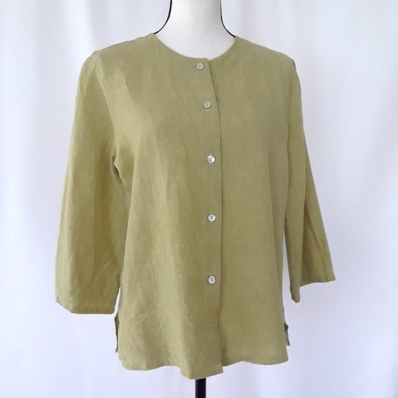 Vintage 1990s Avocado Green Linen 3/4 Sleeve Blouse - Picture 9 of 12